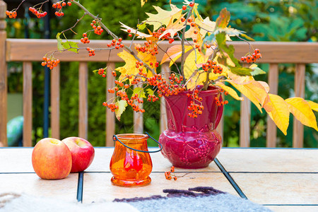 户外餐桌上的秋季花束家庭院的秋季图片