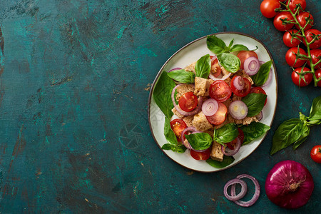 意大利菜色沙拉潘扎尼拉被用西红柿烤肉和红洋葱涂在青绿色背景图片