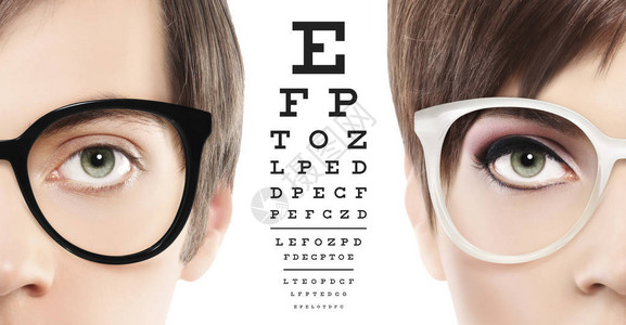 眼睛和眼镜在白色背景中接近视觉测试图视力和图片