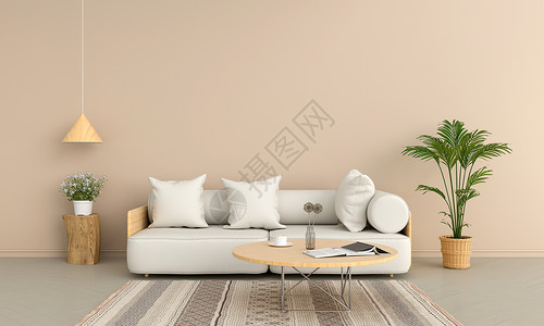 棕色客厅的沙发和木圆桌3D渲染图片