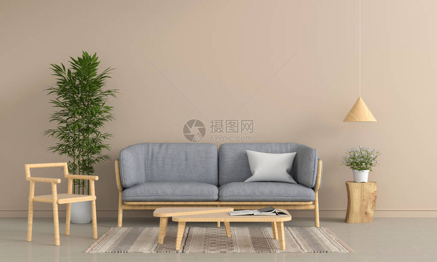 棕色客厅内部的灰色沙发和木椅3D渲染图片