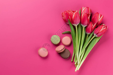粉红色背景中的红色郁金香花束和马卡龙带空间的顶视图图片