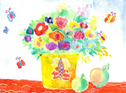 水彩儿童画花瓶静物图片