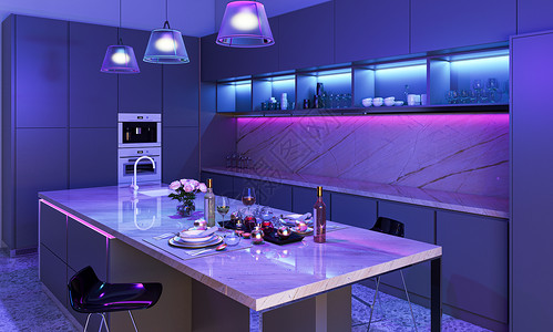 现代厨房配有彩色LED灯蓝色的灯带和紫色的三盏灯智能住宅内部背景图片