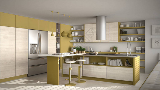 现代木制厨房配有木制细节白色和黄色图片