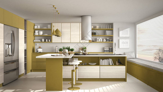 现代木制厨房配有木制细节和全景窗户白色和黄色简约的室内设计图片