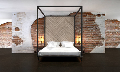 3D使最小卧室和砖墙纹理的内部背景图片