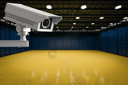 仓库老板记录3d在空工厂中提供安保摄像头或C设计图片