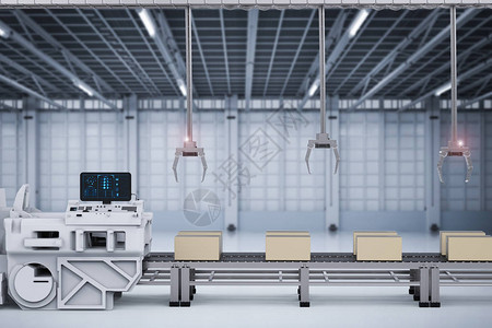 输送线3d在工厂的传送器上装箱设计图片