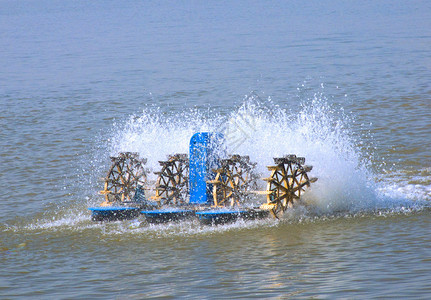 水产养殖池塘中的桨轮式曝气机图片