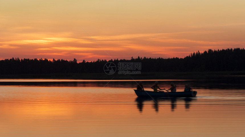 在金色日落时乘船和桨艇的轮廓森林图片