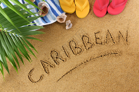 翻牌加勒比海滩背景有毛巾贝壳背景