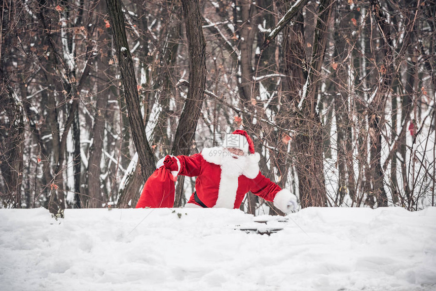 圣诞老人从森林里走出来带着满是图片