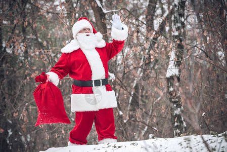 圣诞老人从森林里走出来带着满是礼物和图片