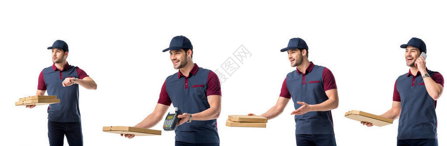 穿着蓝制服的英俊比萨快递员拿着披萨盒终点站和白纸上隔绝的图片