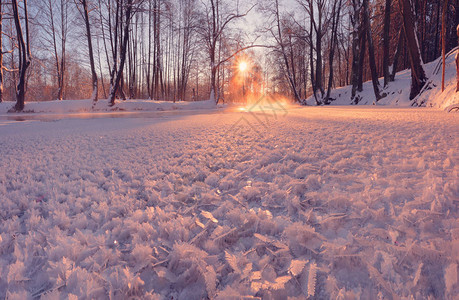 冬日的阳光照在冰晶上背景与冰图案多彩的冬季背景早晨阳光图片