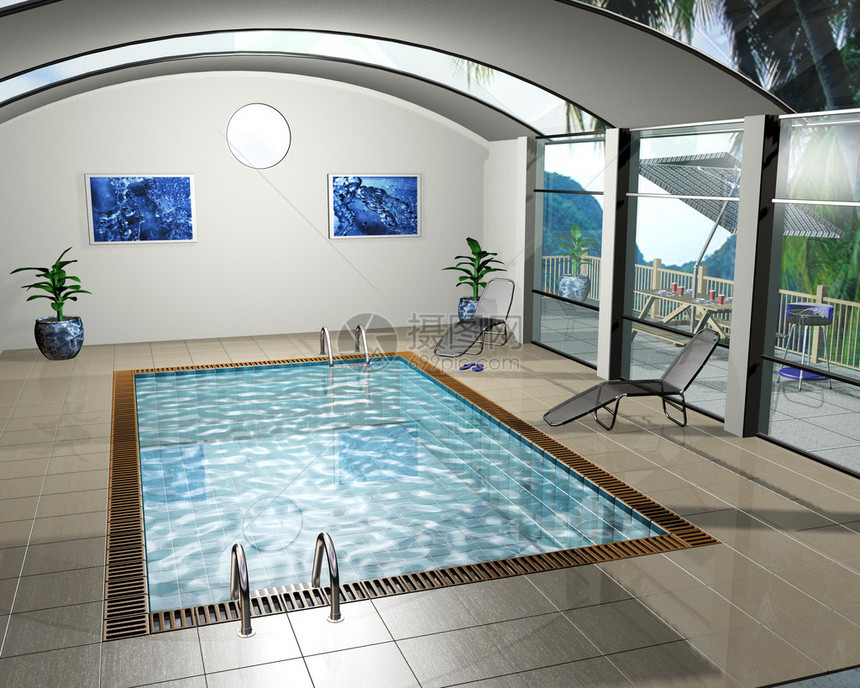泳池房屋内部的3D渲染图片