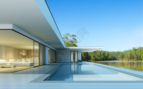 绿湖背景日间带游泳池的豪华现代住宅透视图片