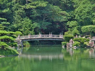日本香川县高松市栗林花园的一座木桥栗林庭园是日本最著名的图片