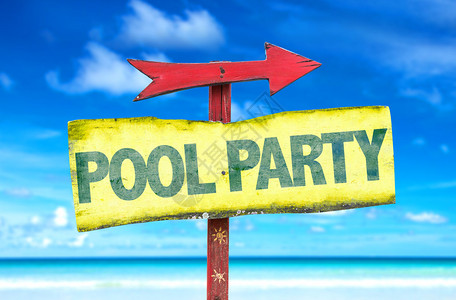 具有海滩背景的泳池派对文字牌背景图片
