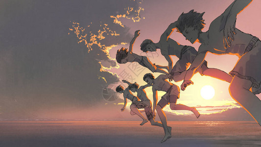一群年轻人在日落时一起跑跳入海图片