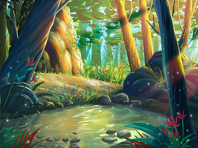 梦幻写实未来主义风格的滨江奇幻森林视频游戏的数字CG艺术品概念插图逼真的卡通插画