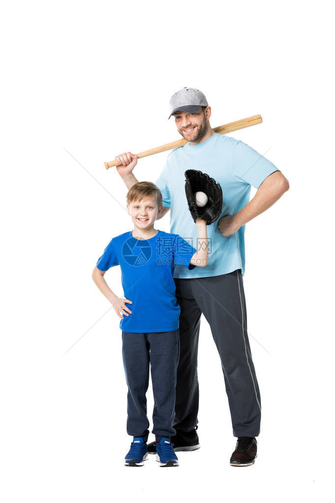 快乐的父亲和孩子准备好打棒球了图片
