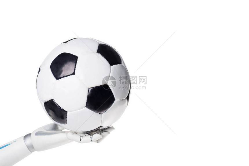机器人拿着足球孤立在图片