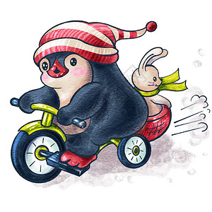 用滑稽的卡通企鹅和一个骑自行车的玩具兔子图片