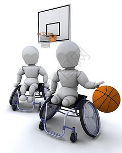 坐在轮椅上打篮球的男子的3D渲染图片