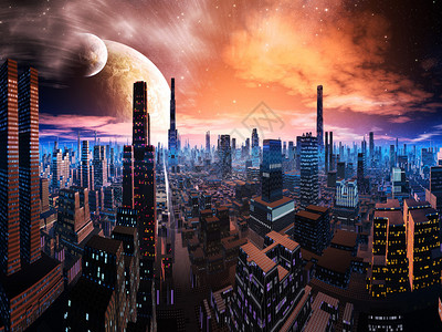 未来城市景观的鸟瞰图各种颜色的霓虹灯火通明两颗卫星在被落日照亮背景图片