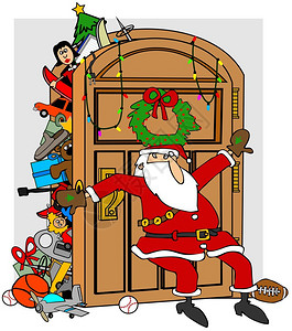 这幅图画描绘圣诞老人试图不让衣柜里的东西溢出图片