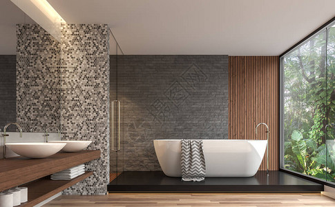 现代洗手间3d制成有灰色的自然石砖墙木地板房间有大窗户背景图片