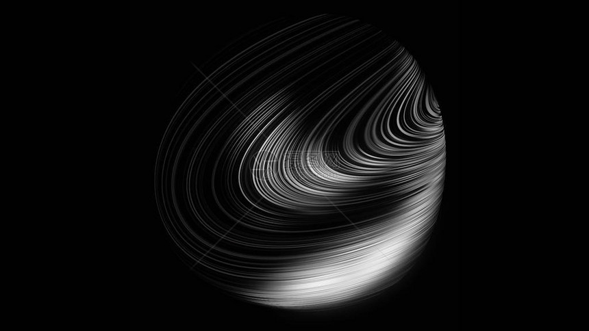 抽象闪亮的黑白衬里的球体在黑色背景上旋转令人叹为观止的银色3D球图片