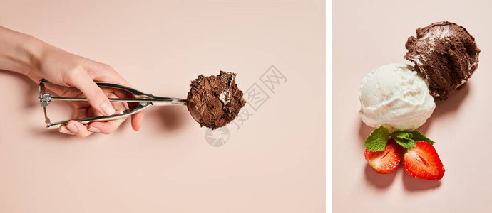 用勺子和新鲜美味的白色和巧克力冰淇淋球粉红色背景的薄荷和草莓拼贴画图片