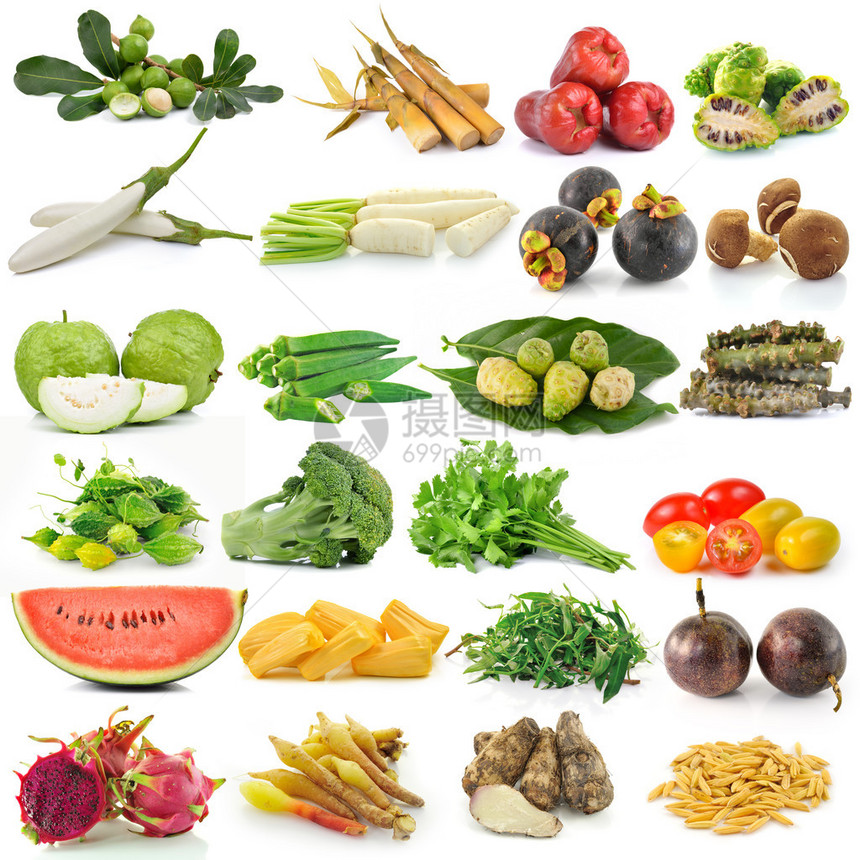 白色背景上的一组水果和蔬菜图片