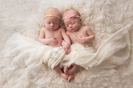 七个星期的兄弟双胞胎女婴睡在白色的高清图片