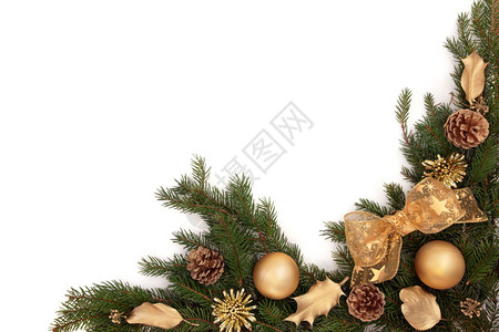 圣诞边框有金黄弓和霍利装饰品松果和葡萄叶背景图片