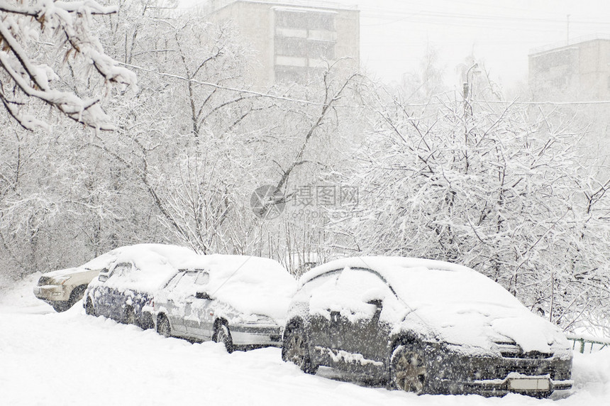 在降雪期间的冬天汽车在镇图片