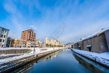 日本北海道冬季和雪季的大田运河风景美背景图片