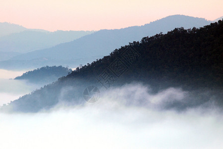晨雾笼罩山图片