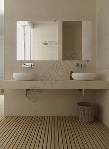 古式洗手间用两个水槽和镜子的洗衣盆木地板最起图片