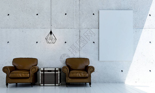 U型沙发现代客厅和混凝土墙型背景和图画框架的内部设计概念构插画