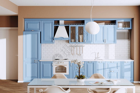 新的豪华住宅的美丽蓝色古典厨房图片
