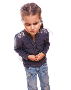 女生病的小女孩在胃痛腹痛和抽筋疾病药物情感背景中分离图片