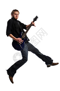 音乐家弹吉他和跳孤立图片
