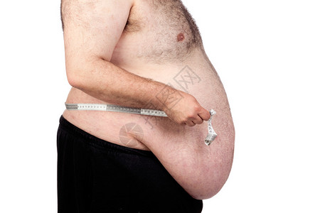 白色背景下肥胖男人用卷尺量肚腩背景