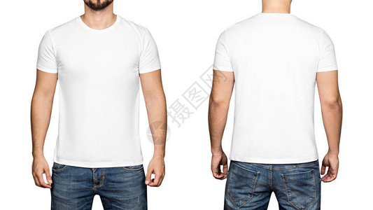 一个年轻人身上的白色T恤衫隔绝白人背背景图片
