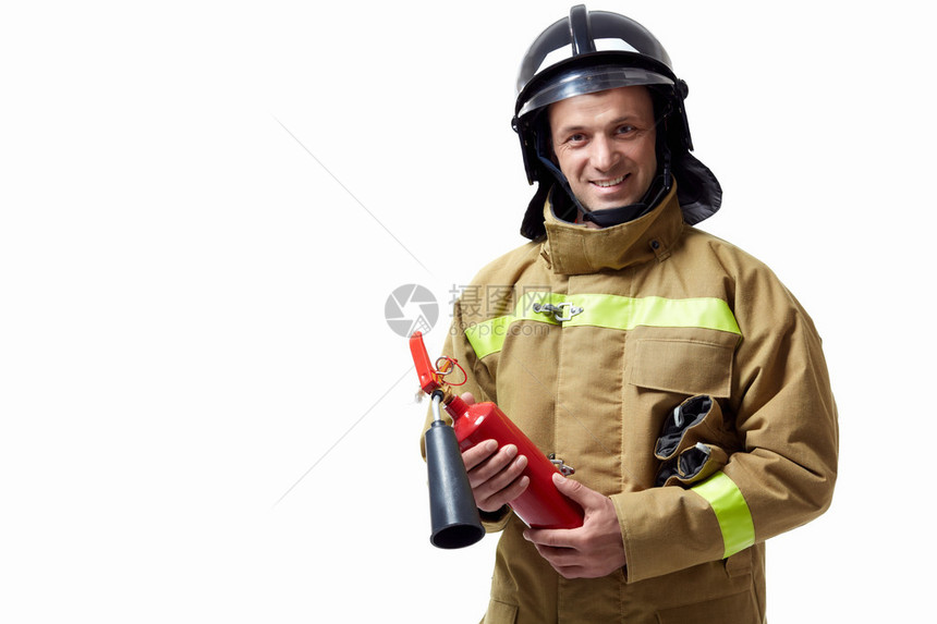 白色背景上的消防员灭火器图片