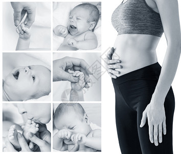 美丽的孕妇和新生婴儿的拼贴画图片